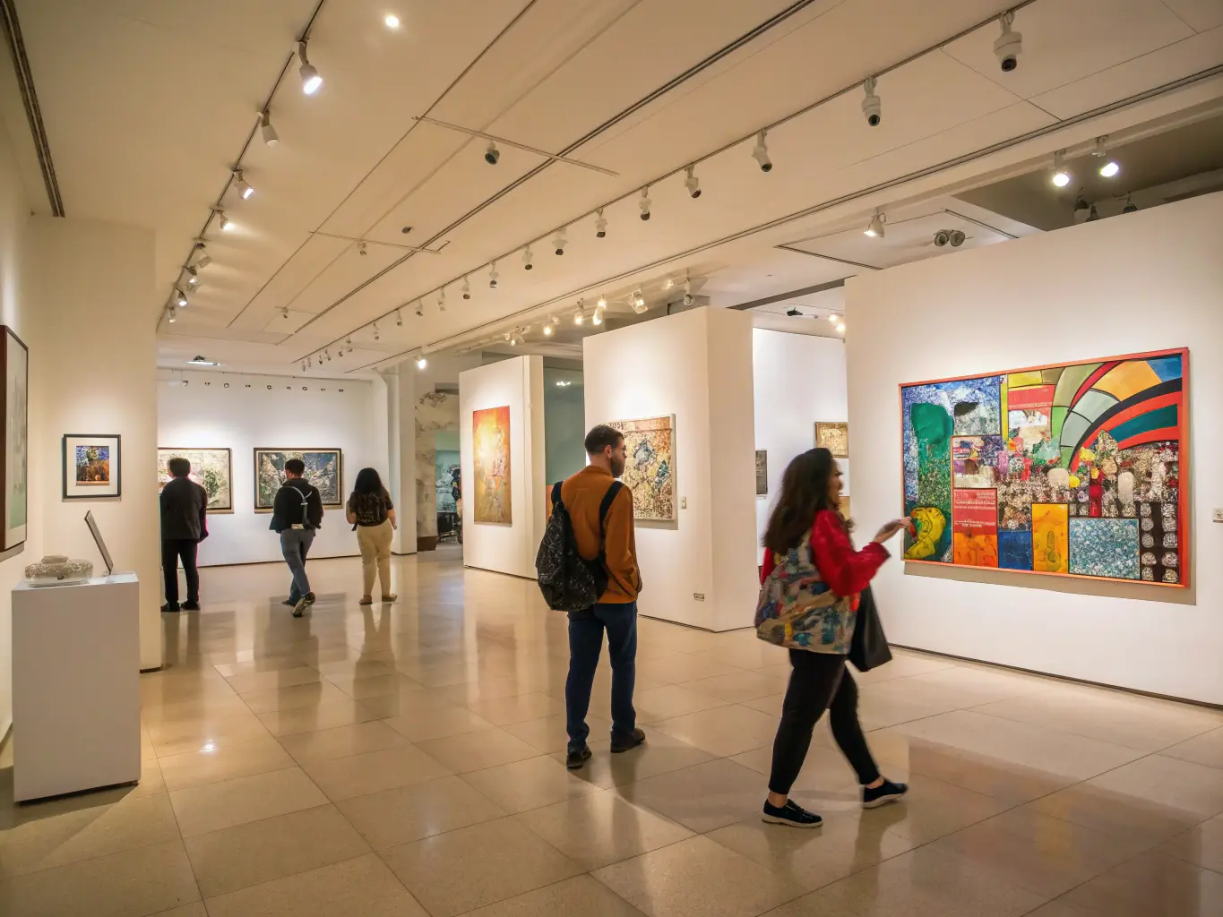 A vibrant photograph capturing a local art exhibition, showcasing various paintings and sculptures with people admiring the artwork.
