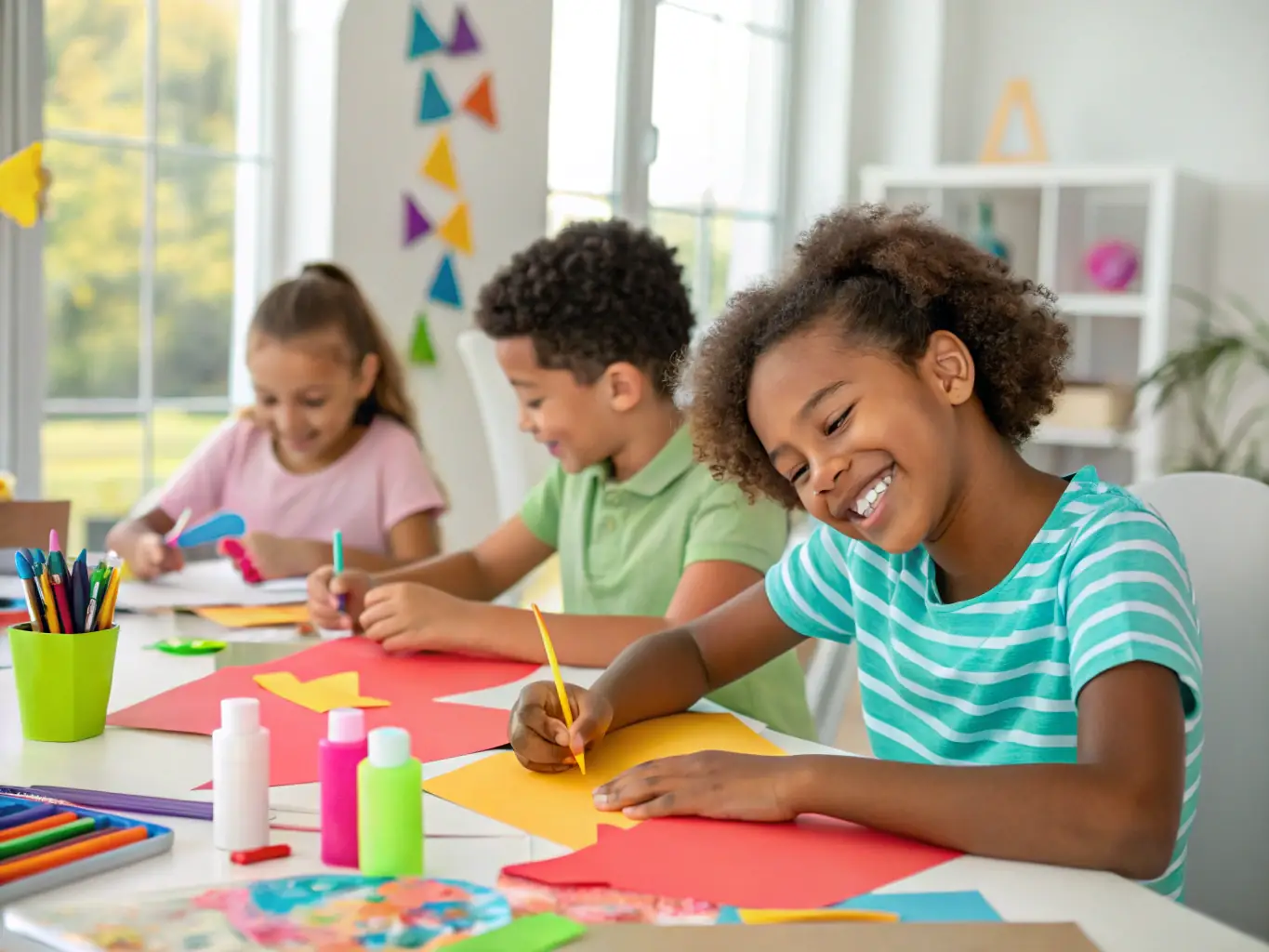 A photograph of children participating in a cultural workshop, learning traditional crafts and engaging in creative activities.