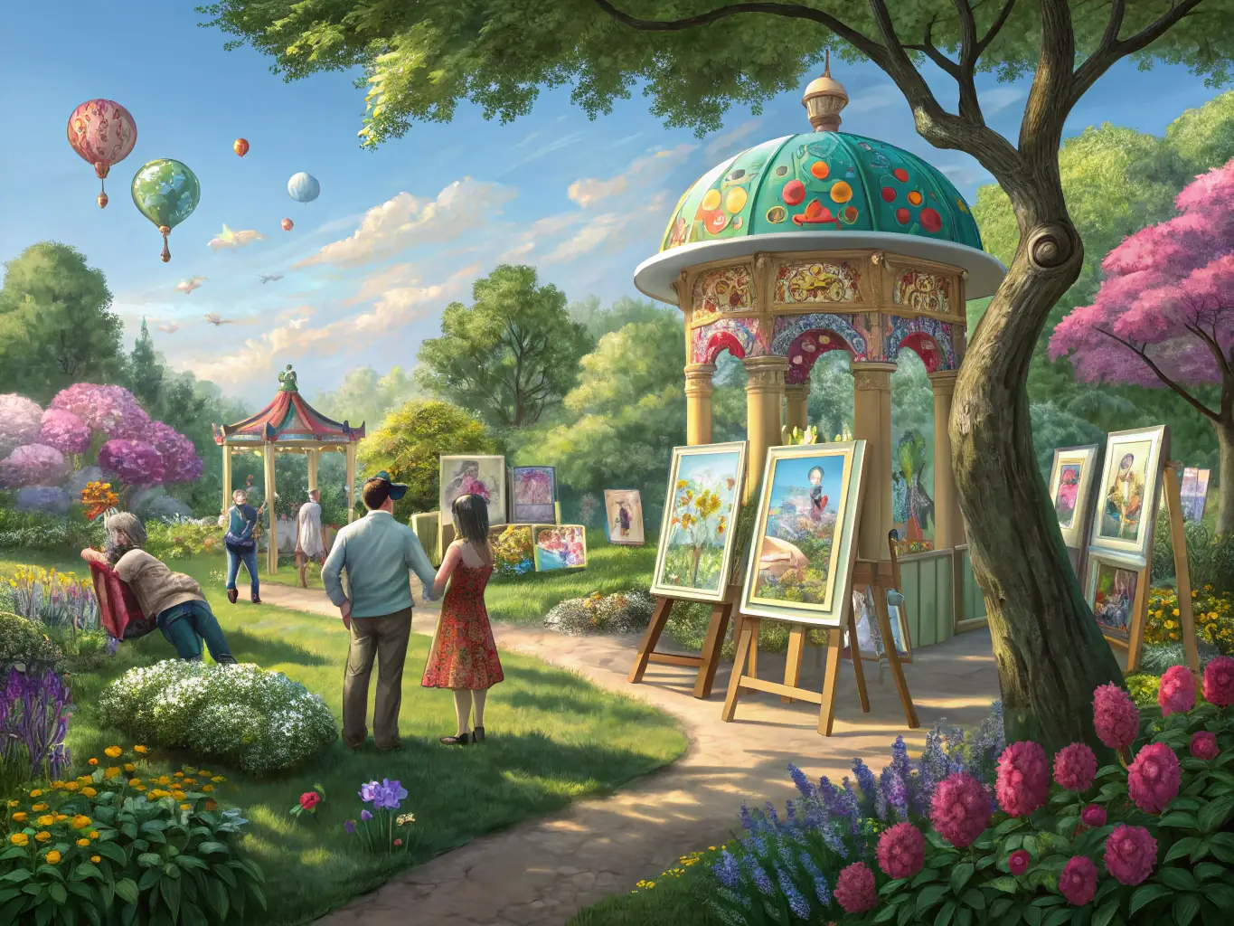 A colorful image of an outdoor art exhibition organized by the OCM, featuring various art installations and visitors interacting with the artwork.