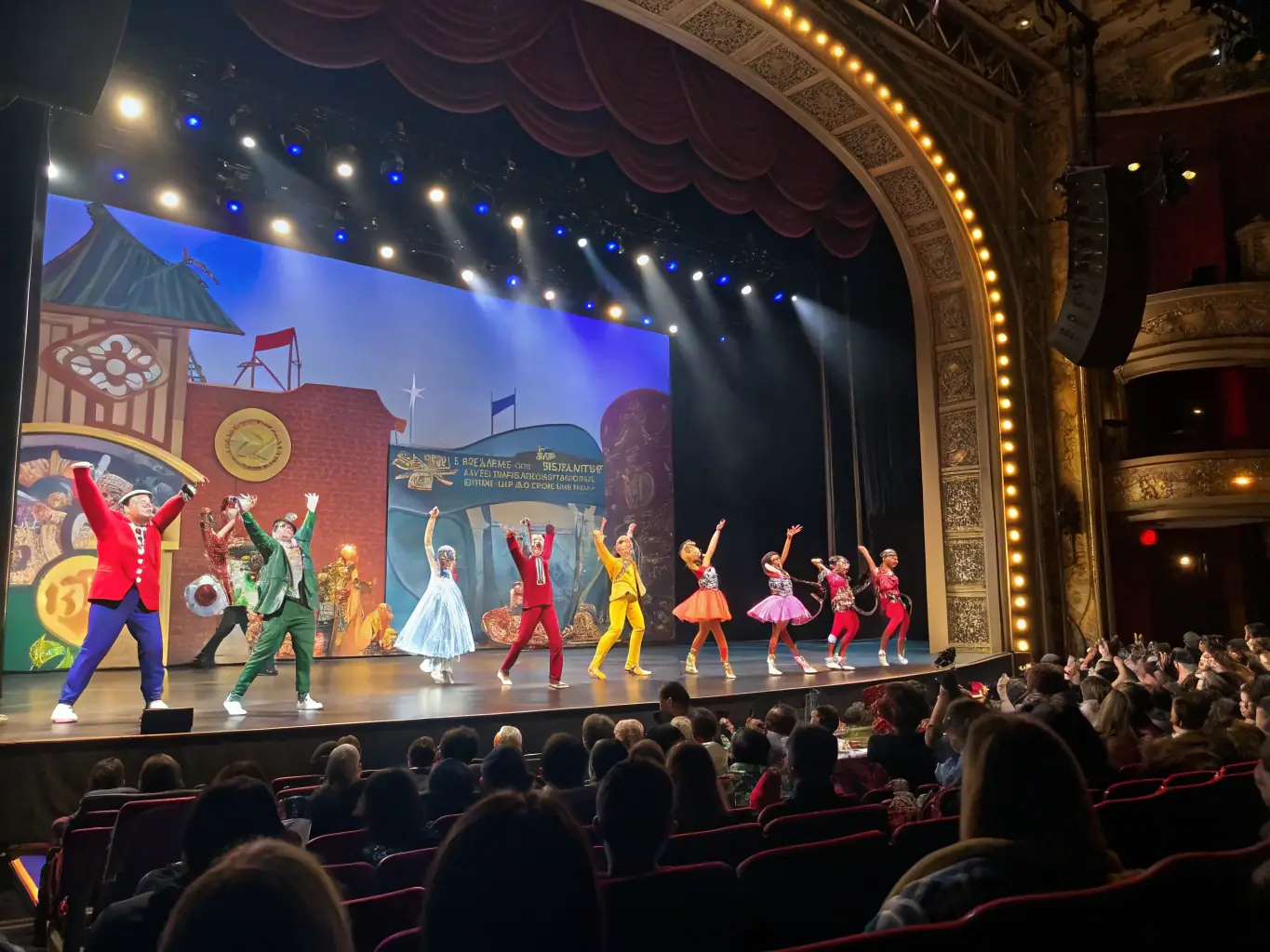 A vibrant photograph capturing a local theater performance supported by the OCM, showcasing actors on stage with dynamic lighting and engaged audience members.
