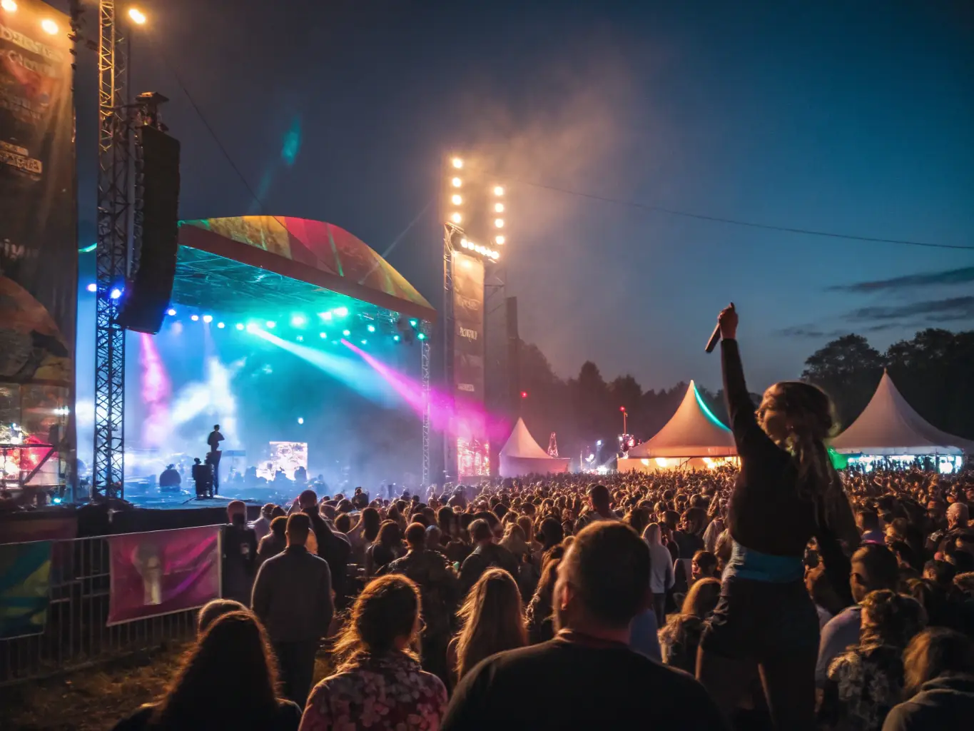 A dynamic image of a live music performance at a community festival, featuring musicians on stage and an enthusiastic audience.